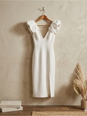 Rebecca Vallance Puff Sleeve Midi Dress White V Neck Size 10 NWT